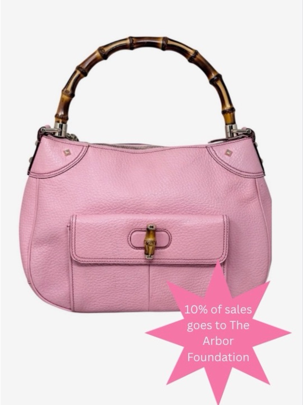 Gucci Pebbled Leather Shoulder Bag Pink with Bamboo Handle and Front Pocket